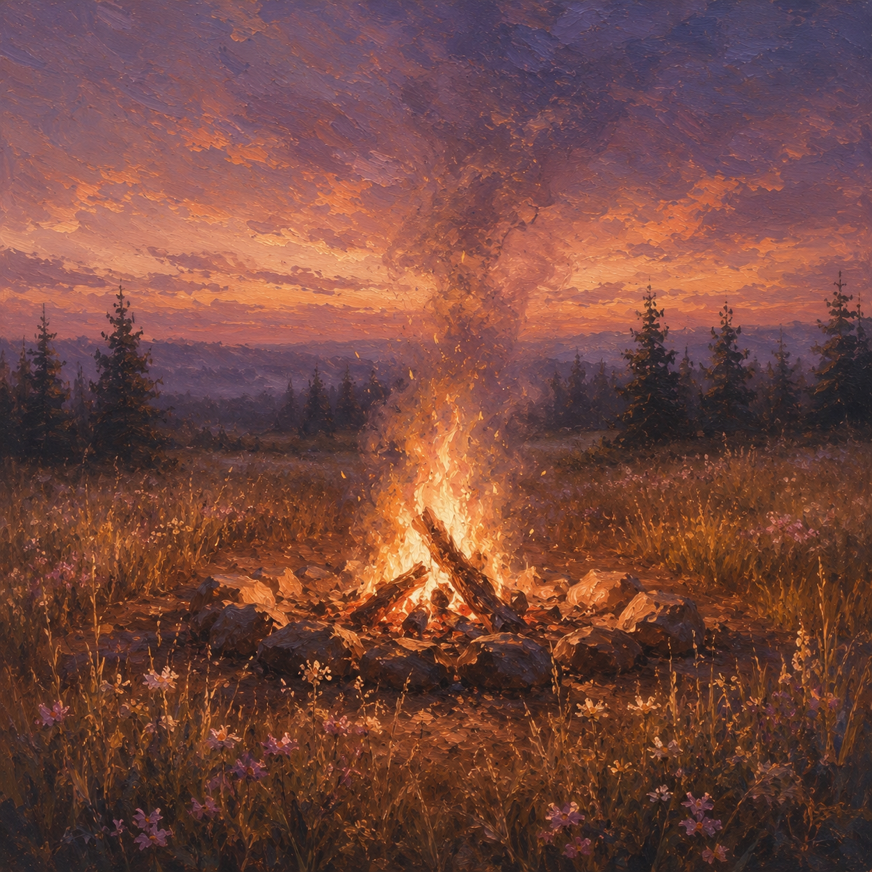 An oil painting of a campfire burning in a meadow at dusk.